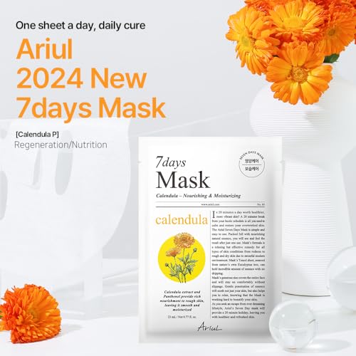 Image of Ariul 7days Mask Calendula P (1 Sheet, 23ml) Korean Calming Sheet Mask, Hydrating Barrier Repair Face Mask with Ceramide & Panthenol, Calms Redness & Irritation, Gentle Daily Use Facial Mask for Sensitive Skin