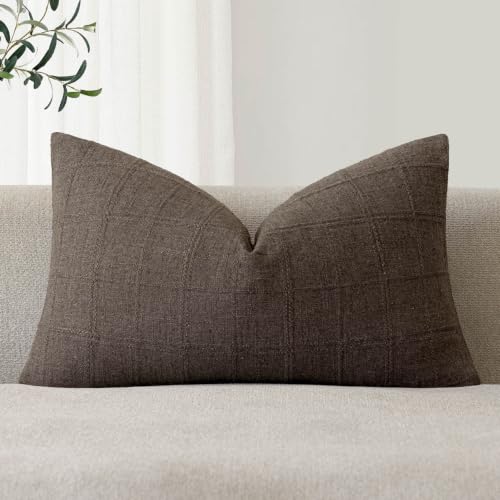 Image of Foindtower Set of 1 Decorative Linen Check Throw Pillow Cover Neutral Farmhouse Lumbar Cushion Cover Modern Boho Home Decor for Sofa Chair Couch Bedroom Living Room,12x20 Inch,Dark Brown