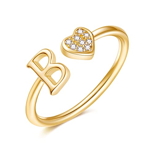 Image of Initial Rings for Teen Girls - S925 Heart Sterling Silver Rings for Teen Girls | 14K Gold /Rose Gold /Sterling Silver Plated Ring for Girls Kids Women Ring for Teenager Girls Gifts Adjustable, No Tarnish, Hypoallergenic