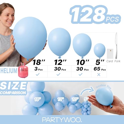 Image of PartyWoo Light Blue Balloons 128pcs Different Sizes of 18 12 10 5 Inch Baby Pastel Sky Aqua Blue Balloon Arch Kit Garland for Birthday Gender Reveal Baby Shower Graduation Party Decorations Blue-Y4
