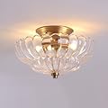 Semi Flush Mount Ceiling Light, Scalloped Clear Glass Close to Ceiling Light Fixtures with 2 Lights, Gold Vintage Light fixtures for Bedroom Living Room Entryway Hallway