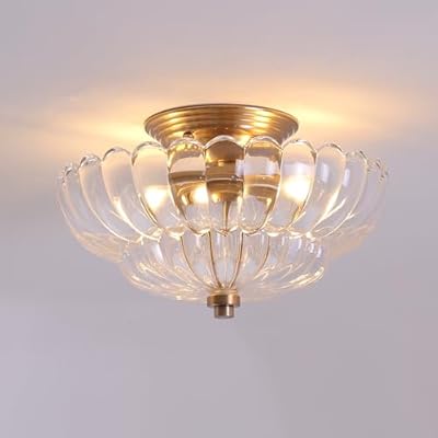 Semi Flush Mount Ceiling Light, Scalloped Clear Glass Close to Ceiling Light Fixtures with 2 Lights, Gold Vintage Light fixtures for Bedroom Living Room Entryway Hallway