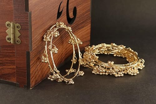 Image of NMII Ethnic Wear Bangles Gold-Tone Alloy with Musical Ghungroo Charms | Women Fashionable Jewelry | Designer Bracelet Bangles For Girls | Viral Kashmiri Chudiya for Weddings, Festivals & Parties