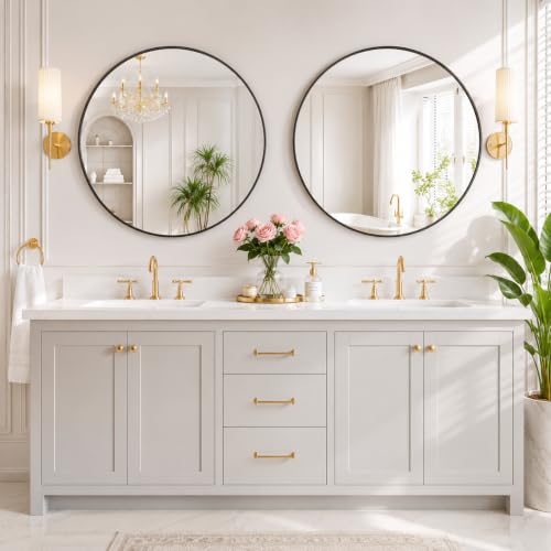 Image of Simple Deluxe 20 Inch Round Bathroom Mirror, Black Vanity Mirror with Metal Frame, Modern Circle for Bathroom, Entryway, Bedroom, Living Room, Wall Mounted Decorative Mirrors (Black)