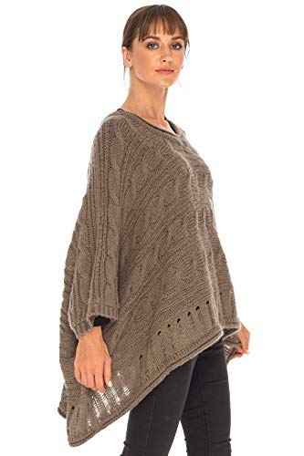 Image of SHU-SHI Womens Oversized Cable Knit Sweater Cowl Neck Sleeved Poncho Topper Boho Casual