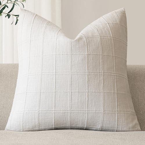 Image of Foindtower Set of 1 Decorative Linen Check Throw Pillow Cover Neutral Farmhouse Vintage Cushion Cover Modern Boho Home Decor for Sofa Chair Couch Bedroom Living Room,22x22 Inch,Cream White