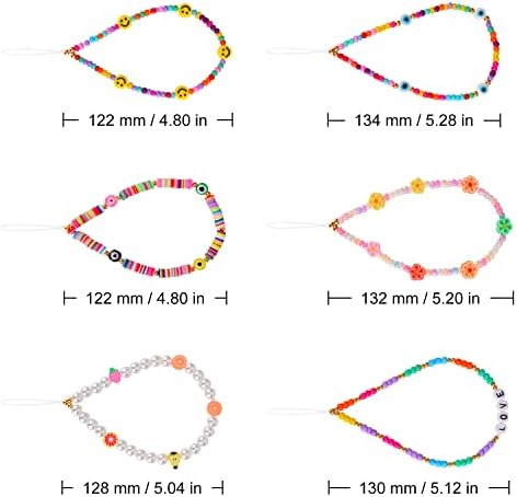 J&D Beaded Phone Charm 6pcs, Cute Colorful Phone Lanyard Wrist Strap Smiley Faces Pearls Fruit Star Handmade Phone Chain String Charms for Phone Case Wallet Keychain Decoration for Girls Women