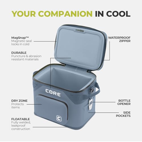 Image of CORE Magnetic Leak Proof Soft Cooler with Waterproof Zipper | Insulated Bag Portable Ice Chest Box | Best Soft Cooler for Food & Beverages for Tailgating, Car Camping, Travel, and Family Beach Picnics