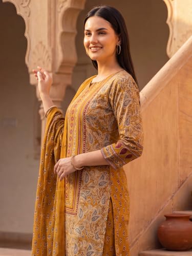 Image of INDO ERA Women's Pure Cotton Abstract Printed Mirror Work Kurta & Pant with Dupatta Set (IEAI13205)|Cotton Suits For Women With Dupatta