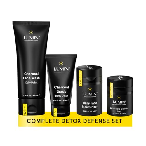 Lumin 4 Piece Men Skincare Set with Charcoal Face Wash, Deep Scrub, Daily Moisturizer & Dark Circle Defense Balm, Helps Detoxing & Hydrating, for All Skin Types