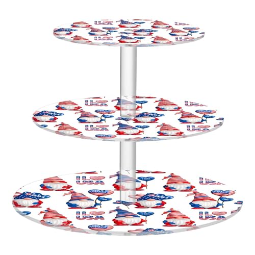 Nander 3 Tier Cupcake Stand,Independence Day Cute Gnomes Large Cupcake Tower Display, Round Cupcake Holder, Acrylic Dessert Stand, Pastry Display Tree for Party, Wedding, Baby Shower