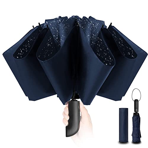 Conlun Parapluie inversé Compact Bleu- Résistant aux intempéries, Parapluie Pliant Automatique Coupe-Vent, Parapluie Homme Revêtement en Tissu 210T,...