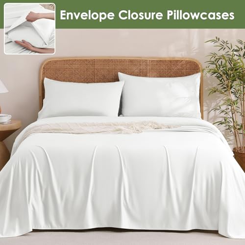 Image of MICORAL Queen Sheet Set, Rayon Derived from Bamboo Cooling Sheets for Queen Size Bed Set, Breathable & Soft, Deep Pocket Up to 16 inch, Hotel Luxury Silky Bedding for Hot Sleepers, White