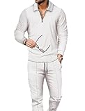 Kubsid Mens Tracksuit Set 2 Piece Long Sleeve Polo Shirt and Pants Jogging Sweatsuits Sets Casual Fashion Vacation Outfits Loungewear White Size L