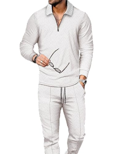 Kubsid Mens Tracksuit Set 2 Piece Long Sleeve Polo Shirt and Pants Jogging Sweatsuits Sets Casual Fashion Vacation Outfits Loungewear White Size L