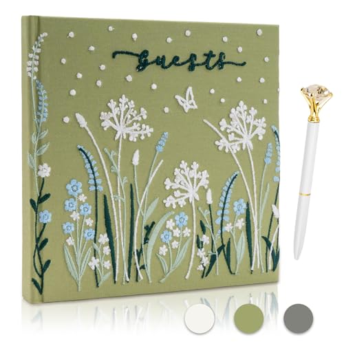 Gatyko Embroidered Wedding Guest Book—The Perfect Polaroid Guest Book for Wedding Receptions, Birthdays, Baby Showers, and Special Events with 3 Photo Corner Stickers+ 3 DIY pens+1 Diamond Pen(Green)