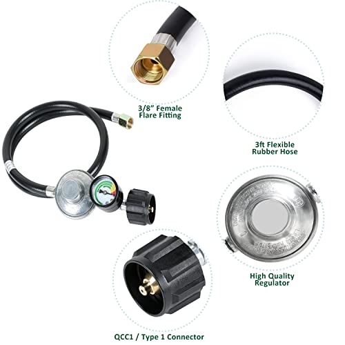 Atkke 3Ft Propane Hose Regulator With Gauge, Universal Grill Regulator Gas Line For Most Lp Gas Grill, Heater, Fire Pit Table And More, Low Pressure, 3/8 Female Flare Nut #TOP1