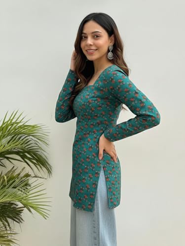 Image of ANNI Designer Short Kurti for Women Printed Design | Square Neck Full Sleeve Kurti Tops for Women | Stylish Kurtis & Short Kurtis for Woman | Casual Kurti with Jeans | Kurtas for Woman