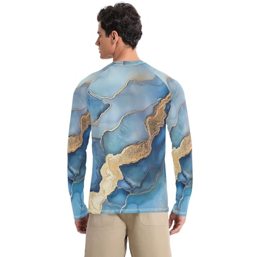 Marble Silver Royal Blue Men's Rash Guard Loose Crew Neck Loose Sun Shirt for Men Long Sleeve Hiking2