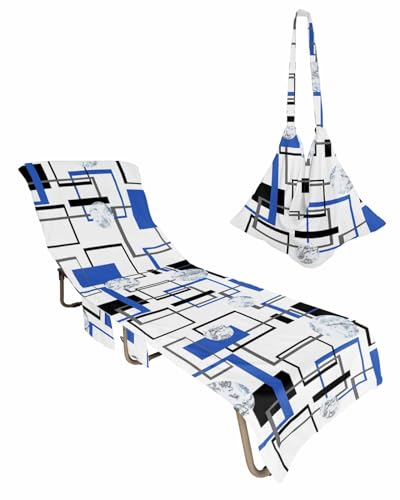 Blue Marble Beach Chair Towel Covers for Chaise Lounge with Side Pocket, Soft Plush Pool Towels Cover for Patio Sunbathing Outdoor 29''x85'' Geometric Marbling Gold Modern Abstract