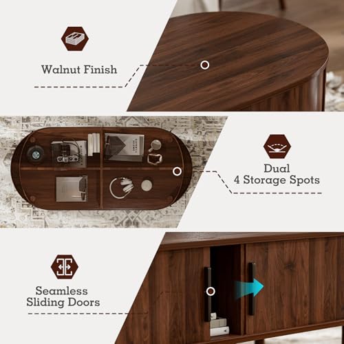 Image of ZttRiee Oval Coffee Table with Sliding Doors, Mid-Century, Walnut | 47.24 inchL x 21.65 inchW x 16.14 inchH, 200 lbs capacity, 2 front & back storage areas, ~60 min assembly