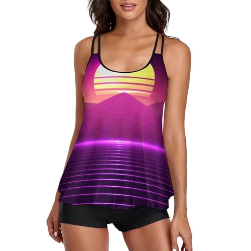 Tankini coucher de soleil rétro avec short de garçon pour galber la silhouette en douceur