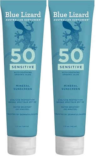 BLUE LIZARD Mineral Sunscreen, SPF 50+, Tube, Zinc Oxide | Water Resistant | Fragrance Free | For Sensitive Skin | 5 Fl Oz Pack of 2