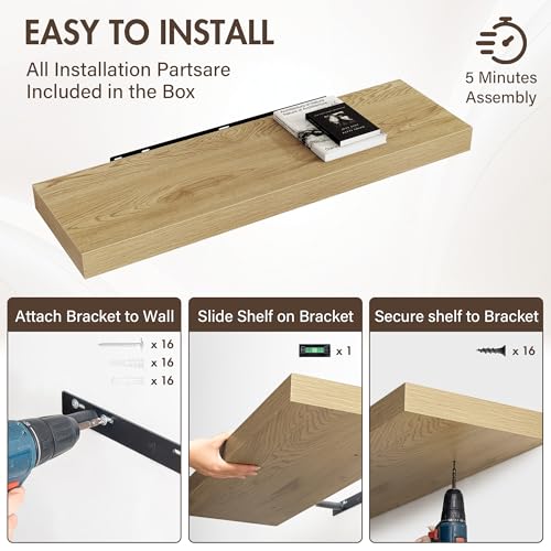 Acovy 40 Inch Floating Shelves, 12" Deep Floating Shelf Wall Mounted, 40" Wall Shelves, Rustic Deep Bookshelf, Extra Deeper & Thicker Display Shelves for Bedroom, Living Room, Oak, Set of 2 by Acovy - Used condition - Image 6