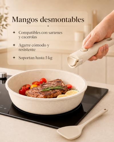 Miniatura 3 de La Moustache - Juego De Ollas Y Sartenes 11 Piezas Aluminio Con Antiadherente, Mangos Desmontables, Batería De Cocina Ø18 20 26cm Tapas Para Todas Las Cocinas, Incluso Inducción Latte Click