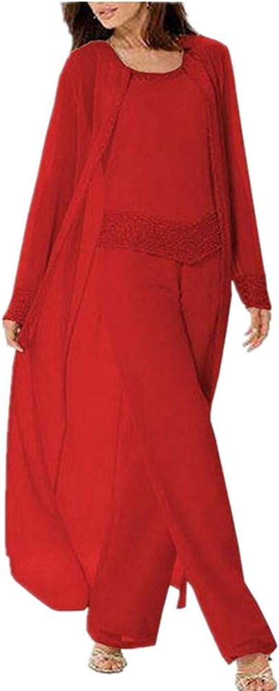 Plus Size Chiffon Mother of The Bride Pantsuits 3 Pieces Outfits Long Sleeve