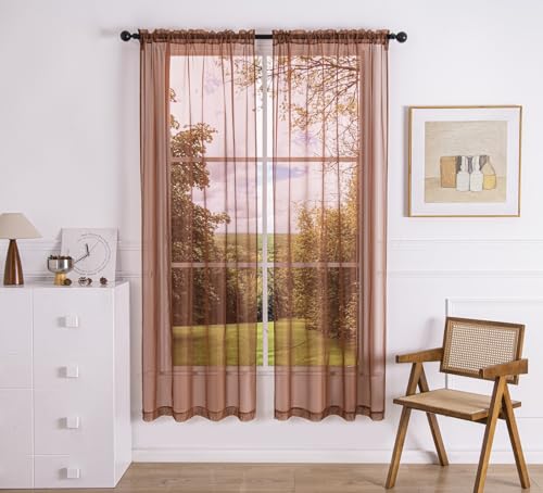 PI Sheer Curtains 84 Inches Long,Window Treatment Rod Pocket Light Filter Soft Airy Voile for Living Room/Bedroom/Patio Door/Sliding Door 2 Panels (W42XL84,Caramel Brown)