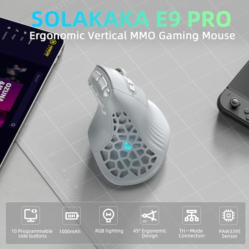 Image of SOLAKAKA E9 PRO Ergonomic Vertical MMO Mouse with 8K Dongle, Gray-Silver | Ergonomic 45 Grip vertical,PAW3395 36000 DPI Sensor, Tri-Mode Wireless,10 Side Buttons,1000mAh Rechargeable,RGB