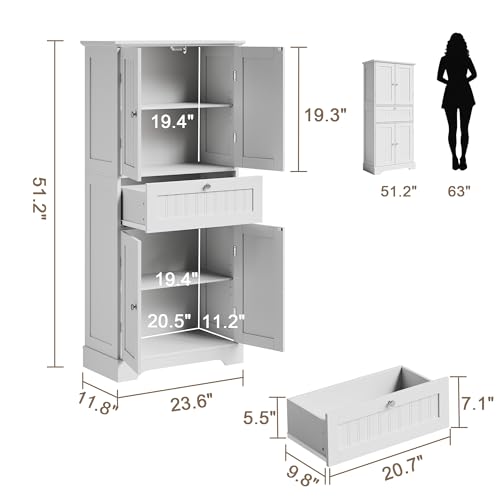 ChooChoo 51\" H Tall Bathroom Floor Cabinet, Modern Bathroom Storage Cabinet with Drawer and Adjustable Shelves, Freestanding Kitchen Pantry Cupboard with 4 Doors for Living Room, White