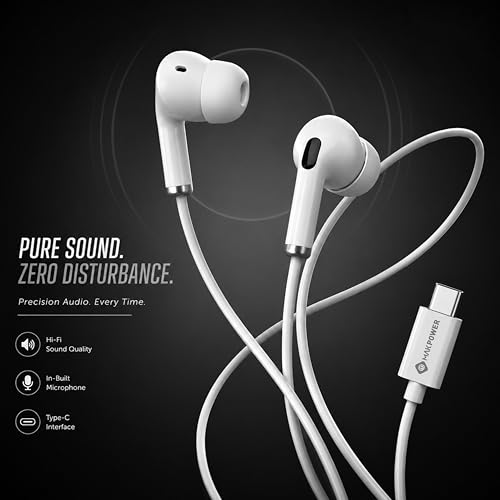 Image of MAKPOWER Type C Wired Earphone with in Line HD Microphone & Volume Controller, Heavy Bass, Premium HD Audio, 120 cm Tangle-Free Cable Compatible with, Android Smartphones & All Type-c Mobiles (White)