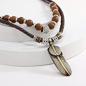 Men Leather Necklace Vintage Style Double Layers Braided Leather Tribal Necklace Boho Hipppie Beaded Artificial Feather Pendant Necklace for Daily Use