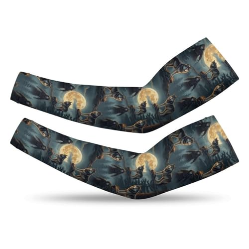 FOSKERV Cooling Sun Arm Sleeves, Full Moon Wolf, Sun Protection Compression Sleeves for Men Women, Versatile Arm Sleeve Covers for Cycling, Running, Camping, (M)