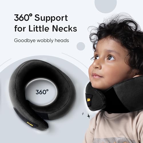 Image of Frido Kids Memory Foam Travel Neck Pillow with Travel Pouch | 360 Chin & Neck Support for Comfortable Sleep | Adjustable Velcro Straps | Ideal for Car, Flight & Road Trips | Core Black