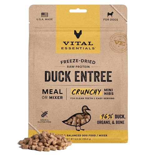 Image of Vital Essentials Freeze Dried Dog Food, Duck Mini Nibs, 5.5 oz Bag | Crunchy, Complete Meal or Topper, Made With 96% Duck, Organs & Bone, High Protein Raw Nutrition, Grain-Free Recipe