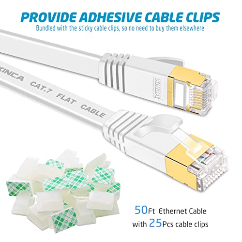 Cat 7 Flat Ethernet Cable 50Ft White, High Speed 10Gb Shielded (Stp) Lan Internet Network Cable-Xinca Ethernet Patch Computer Cable With Rj45 Connectors And 25Pcs Adhesive Cable Clips #TOP1