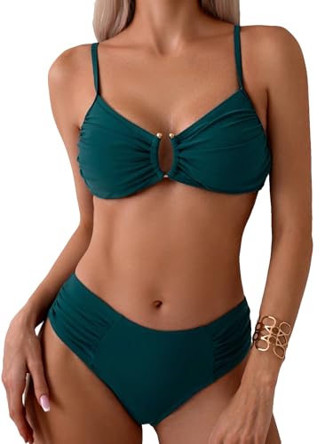 SweatyRocks Women's Two Piece Bikini Set Ring Linked Ruched Underwire Bikini Bathing Suit Swimwear Set Swimming Suit