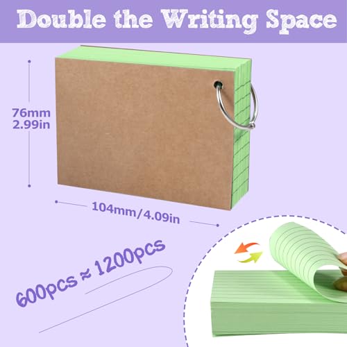 Siumir 600 Stücke Karteikarten, Doppelseitiger Druck, A7 Lernkarten, mit Krafteinband und Loseblattring, Sechsfarbige Linierte Karteikarte, geeignet für Büros & Wohnungen & Schulen (10,4 x 7,6 cm)