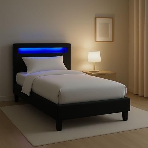 Bild von CARO-Möbel Polsterbett Himalaya mit LED Beleuchtung Einzelbett Jugendbett 90x200 cm mit Lattenrahmen, Stoffbezug in schwarz