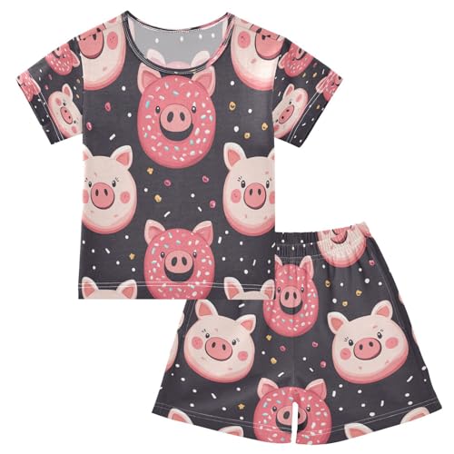 Pajama Sets Short Sleeve Pig Donut Pattern Prints Soft Cotton Summer Sleepwear 2 Piece PJS Size 5-14T