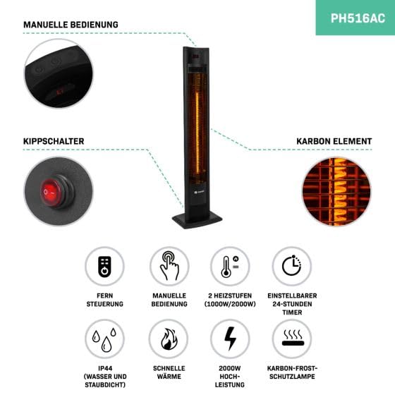 VONROC Chauffage Extérieur Terrasse Sur Pied 2000W Filicudi - Lampe Infrarouge Chauffante 107 cm avec Télécommande - 2 Niveaux de Chaleur - Élément En Carbone - Temps Chauffe 3 Sec