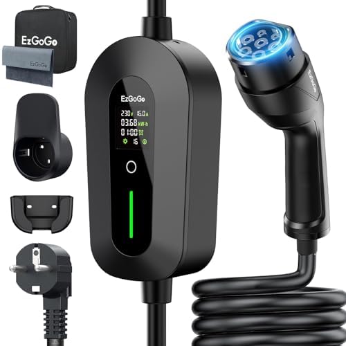 EzGoGo Typ 2 Ladekabel Schuko 3,7kW 10m EV Ladegerät für EVs & PHEVs E-Auto | Ladekabel Auto, 6-16A Einstellbar mit Steuerbare Digitalanzeige,für alle gängigen EV/PHEV