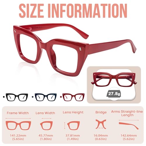 Image of Women's Designer Reading Glasses 1.5 Square Cat Eye Red Readers 1.00 1.25 1.50 1.75 2.00 2.25 2.50 2.75 3.0 3.5 4.0 Trendy Retro Style