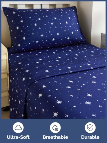 Image of Kids Twin Size Starry Bed Sheets - 3 Piece Kids Starry Sheet Set - Celestial Night Bedding - Ultra-Soft, Cute & Cozy - Breathable & Machine Washable - Navy Bed Set for Boys, Girls, Teens & Toddlers