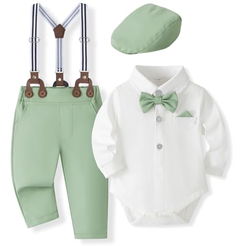 SALNIER Baby Boy Dress Suit Clothes Sets Infant Tuxedo Gentleman Suits Outfits Bowtie Shirt Suspenders Pants Beret Hat