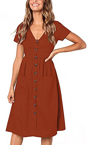 Angashion Women s Dresses-Short Sleeve V Neck Button Decoration T Shirt Midi Skater Dress Brick Red L