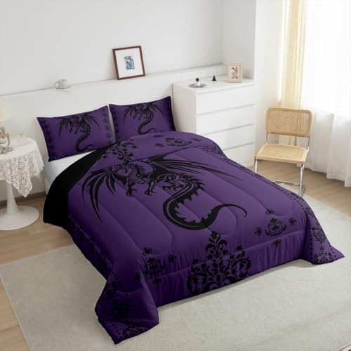 Image of Feelyou Dragon Bedding Set Kids Boys Teens Gothic Damask Paisley Floral Comforter Set Twin Size Women Bohemian Exotic Duvet Insert Animal Theme Room Decor,Purple Black